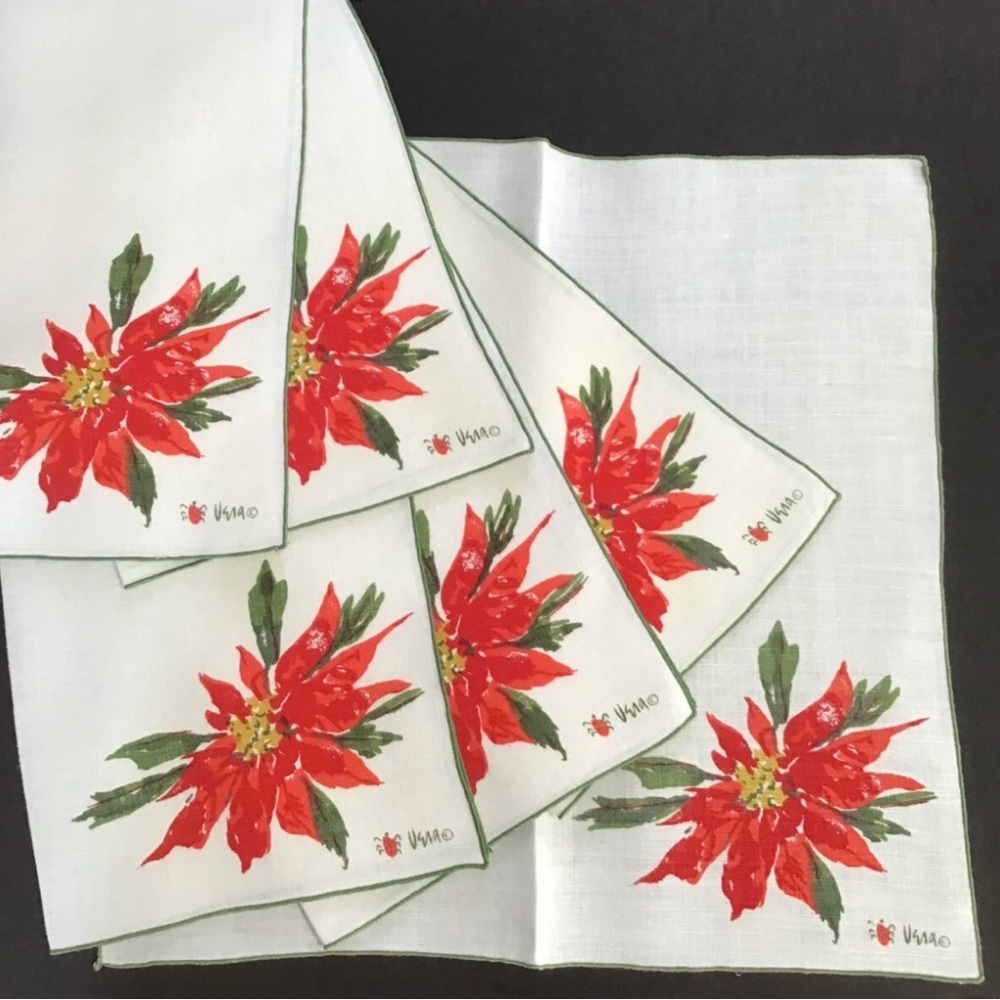 Vintage Vera Neumann Floral Cloth Christmas Poinsettia Napkins Set of 6
